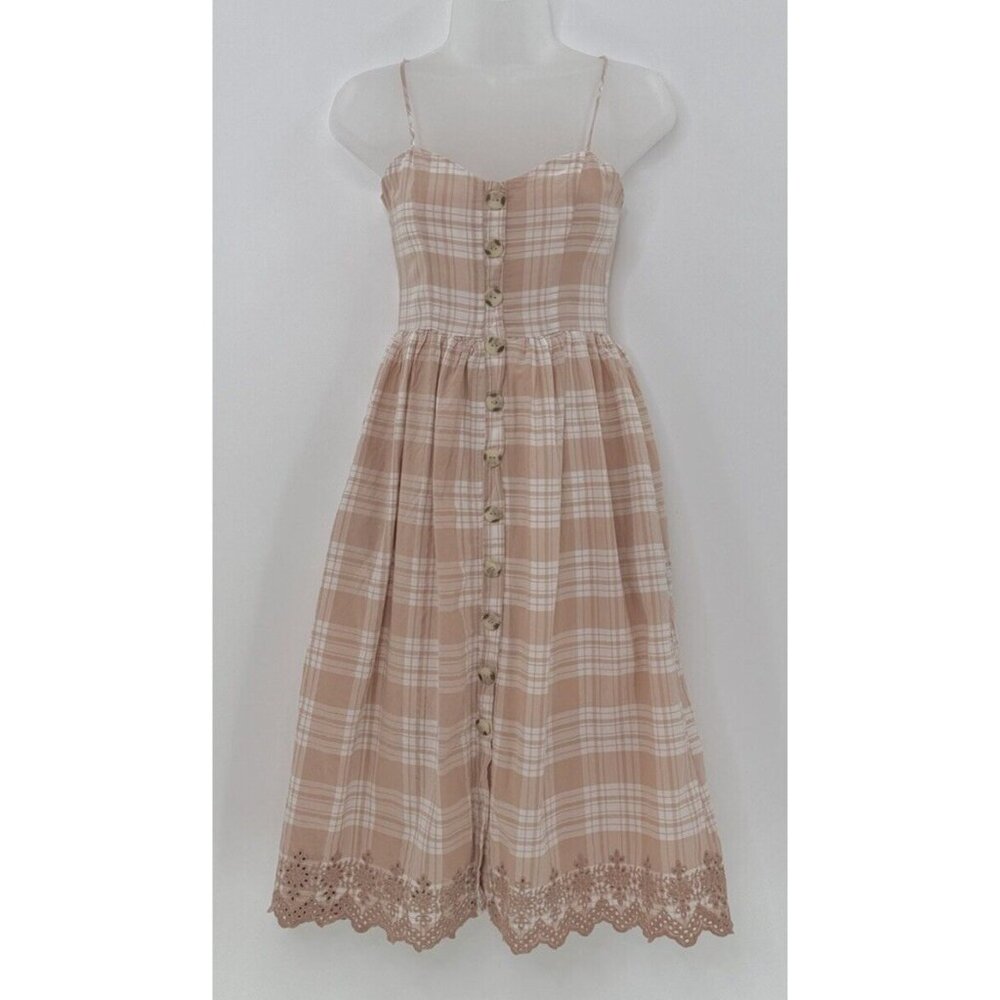 Harper Heritage Peach Beige Plaid Spaghetti Button Eyelet Midi Dress XS‎ Cottage